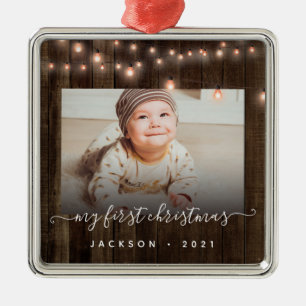 Baby's First Christmas Photo Wood and Lights Metal Ornament