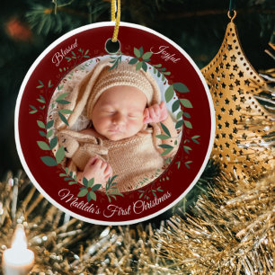 Babys First Christmas Photo Wreath Christmas Ceramic Ornament