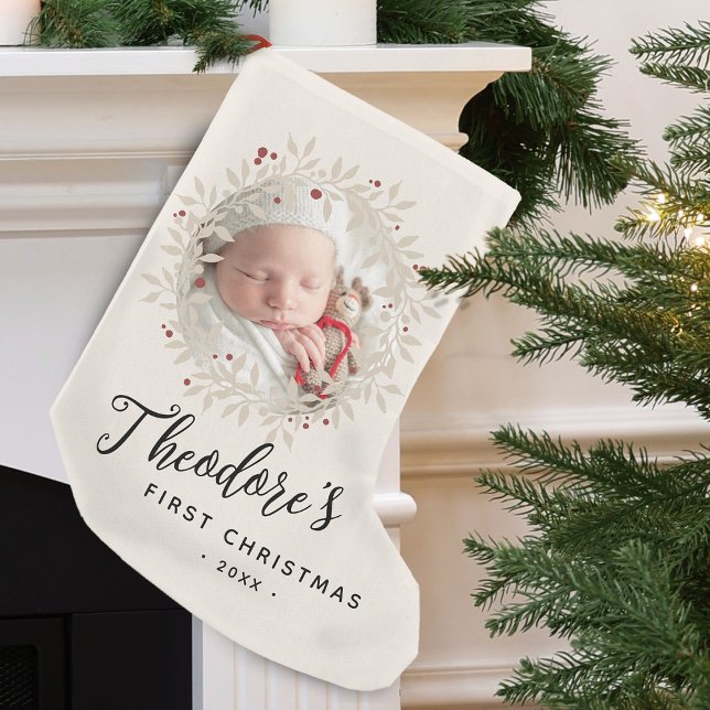 Baby's First Christmas Photo Wreath Name Small Christmas Stocking (Baby's First Christmas Photo Wreath Name Small Christmas Stocking)
