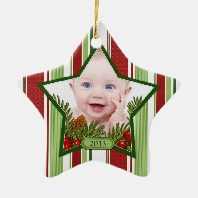 Baby's First Christmas Photo Xmas Stripes Star Ceramic Ornament (Front)
