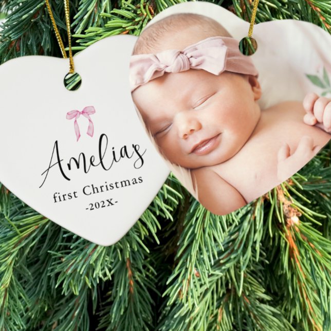 Baby's First Christmas Photo Year Bow Keepsake  Ceramic Ornament (Creator Uploaded)