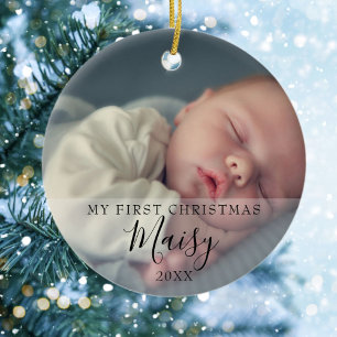 Baby's First Christmas Photos Script Ceramic Ornament