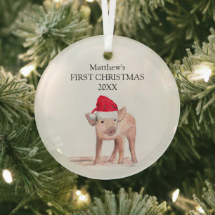Baby's First Christmas Piglet Pig Forest Boy Glass Ornament