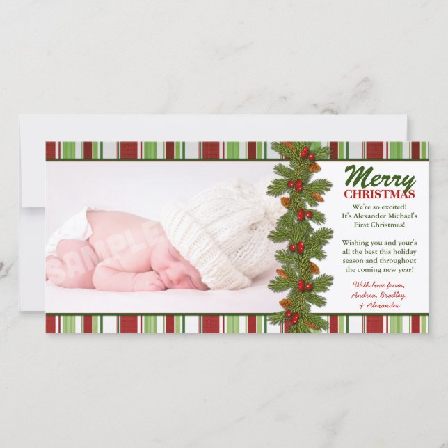 Baby's First Christmas Pine Boughs Photo Card (Front)
