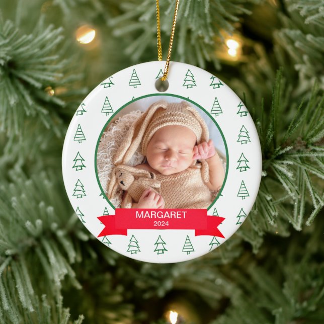 Baby's First Christmas Pine Tree Modern Elegant Ceramic Ornament (Tree)