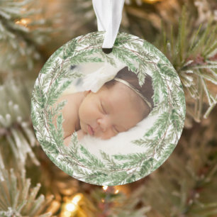 Babys First Christmas Pine Wreath Photo Ornament