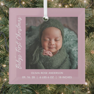 Babys First Christmas Pink Blush Photo Glass Ornament