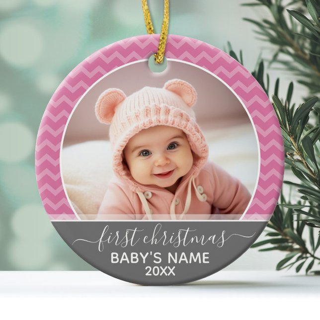 Babys First Christmas - pink chevrons and grey Ceramic Ornament (Personalized Photo Ornament - Baby's First Christmas)