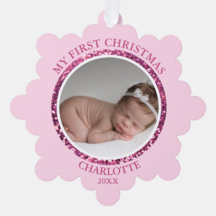 Baby's First Christmas Pink Girl   Message & PHOTO Ornament Card