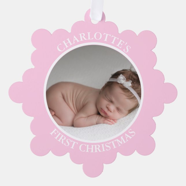 Baby's First Christmas Pink Girl | Message & PHOTO Ornament Card (Front)