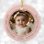 Baby's First Christmas Pink Modern 2 Photo Newborn Ceramic Ornament<br><div class="desc">Baby's First Christmas Pink Modern 2 Photo Newborn Name Ceramic Ornament beautifully showcases two precious photos of your newborn, one on each side of the ornament. Surrounding each photo is a delicate circle line, with personalized black text that reads, "My First Christmas - Year - Baby's Name, " making it...</div>