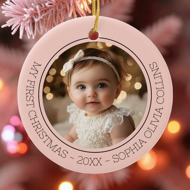 Baby's First Christmas Pink Modern 2 Photo Newborn Ceramic Ornament (Baby's First Christmas Pink Modern 2 Photo Newborn Ceramic Ornament)
