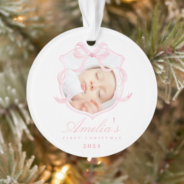 Baby's First Christmas Pink Photo Ornament (Tree)