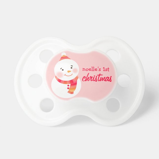 Baby's First Christmas Pink Snowman Monogram Pacifier (Front)