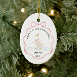 Babys First Christmas Pink Watercolor Ribbon Goose Ceramic Ornament