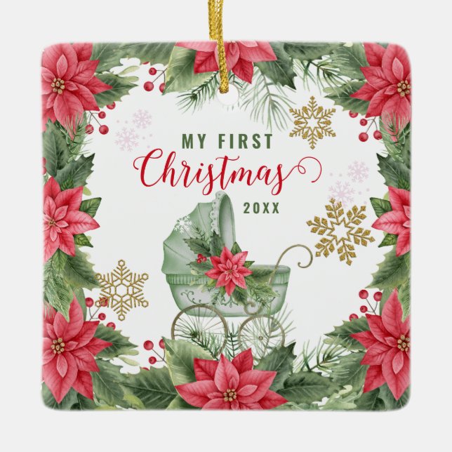 Baby's First Christmas Poinsettia Custom Photo Ceramic Ornament (Front)