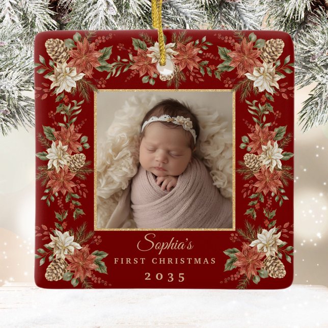 Baby's First Christmas Poinsettia Photo Ceramic Ornament (Creator Uploaded)