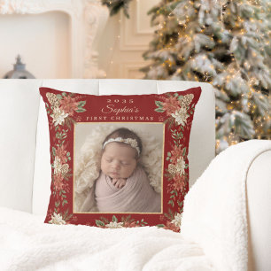 Baby's First Christmas Poinsettia Photo Throw Pillow