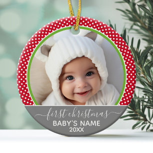 Babys First Christmas - polka dots photo Ceramic Ornament