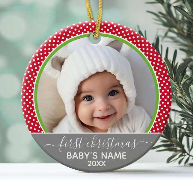 Babys First Christmas - polka dots photo Ceramic Ornament (Personalized Photo Ornament - Baby's First Christmas)