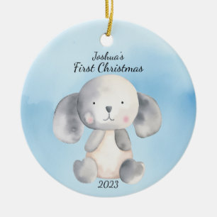 Baby's First Christmas Puppy Blue Personalized Ceramic Ornament