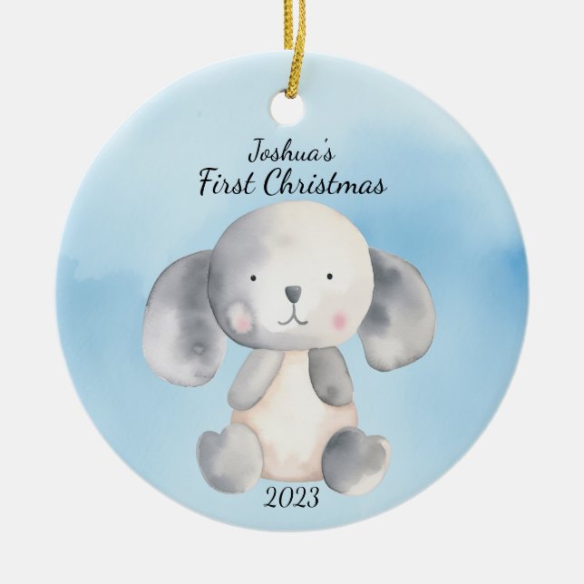 Baby's First Christmas Puppy Blue Personalized Ceramic Ornament (Front)