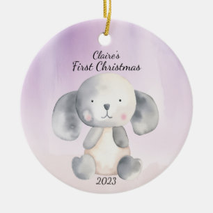 Baby's First Christmas Puppy Blue Personalized Ceramic Ornament