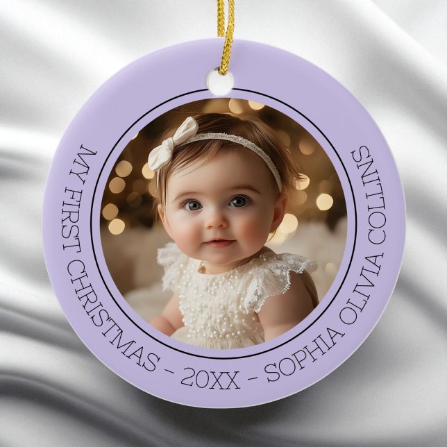 Baby's First Christmas Purple Modern Photo Newborn Ceramic Ornament (Baby's First Christmas Purple Modern Photo Newborn Ceramic Ornament)
