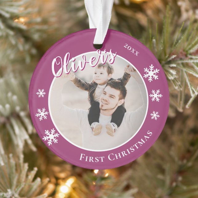 Baby's First Christmas Purple Name Photo Ornament (Tree)