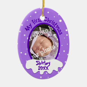 Baby's First Christmas Purple Personalized Photo Ceramic Ornament