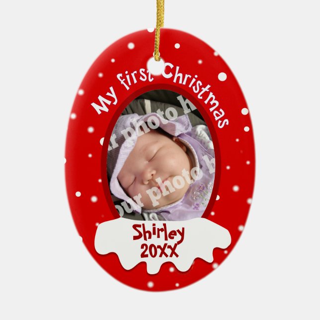 Baby's First Christmas Red Add Your Picture Name Ceramic Ornament (Front)