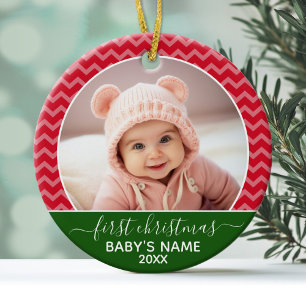 Babys First Christmas red chevrons and green photo Glass Ornament