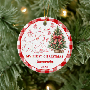 Baby's First Christmas Red Gingham Bow Photo Ceramic Ornament