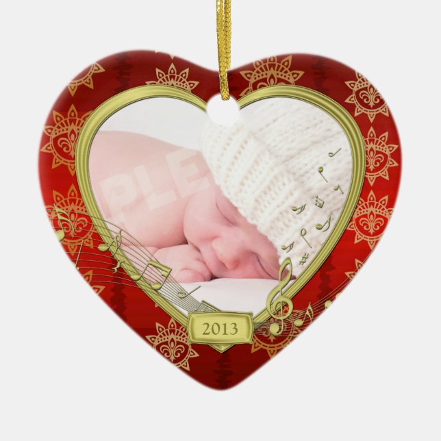 Baby's First Christmas Red Gold Photo Heart Ceramic Ornament (Front)