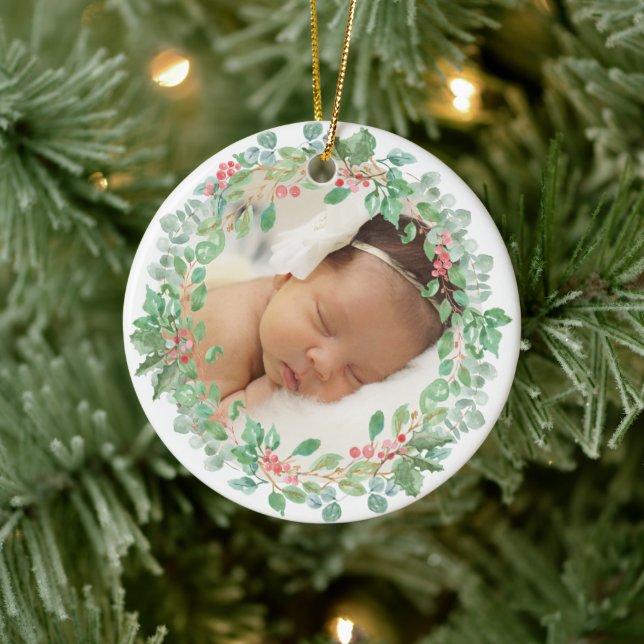 Baby's First Christmas Red Green Wreath Photo Ceramic Ornament (Tree)