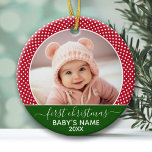 Babys First Christmas - Red Polka Dots Ceramic Ornament<br><div class="desc">Cute polka dot pattern border with an area to add one photo and the baby's name. A cute way to make a Christmas keepsake for your child's first Christmas.</div>