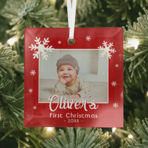 Baby's First Christmas Red Snowflakes Photo  Glass Ornament