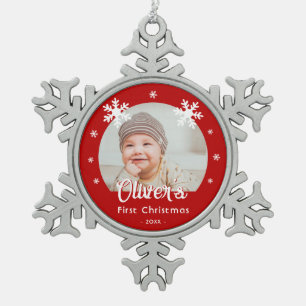 Baby's First Christmas Red Snowflakes Photo Snowflake Pewter Christmas Ornament