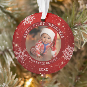 BABY'S FIRST CHRISTMAS Red White Snowflake 2 Photo Ornament