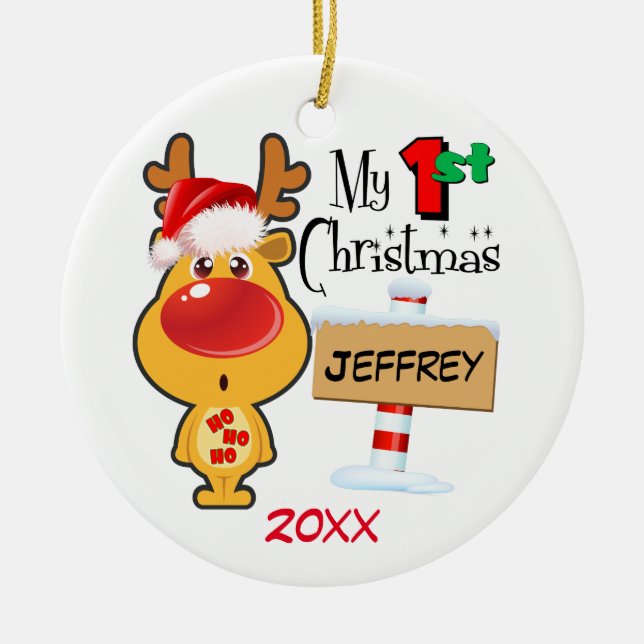 Baby's First Christmas Reindeer Custom Ceramic Ornament (Front)
