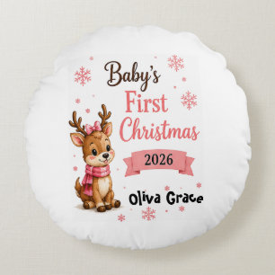 Baby's First Christmas Reindeer Personalized Round Pillow