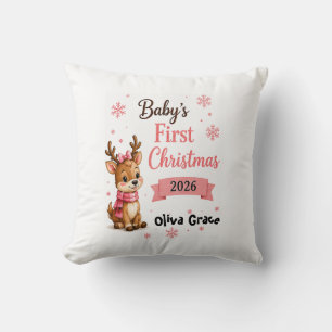 Baby's First Christmas Reindeer Personalized Throw Pillow