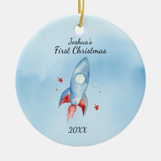 "Baby's First Christmas Rocket Personalized Ceramic Ornament (Front)