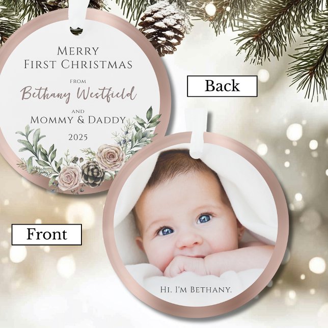 Baby's First Christmas Rose Gold Photo Keepsake (Baby's First Christmas Rose Gold Photo Keepsake Acrylic Ornament Gift for Family and Friends)