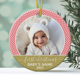 Babys First Christmas - Rose Gold Polka Dots Metal Ornament