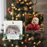 Baby's First Christmas Rustic Trees Photo Ceramic Ornament<br><div class="desc">Baby's First Christmas! Cute, Modern yet Rustic Christmas Holiday Photo Square Ornaments featuring adorable little forests of rustic Christmas trees and Merry Christmas in modern typography. Add 2 of your favorite photos for the perfect ornament! Please contact us at cedarandstring@gmail.com if you need assistance with the design or matching products....</div>