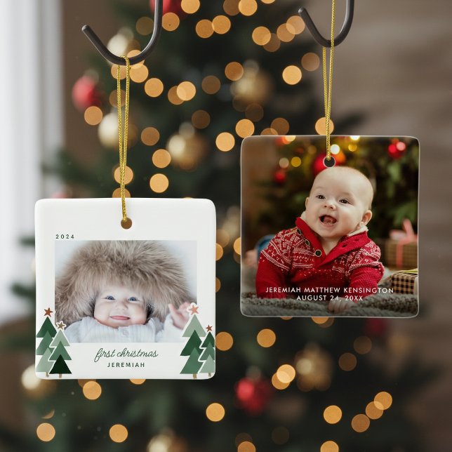 Baby's First Christmas Rustic Trees Photo Ceramic Ornament (Creator Uploaded)