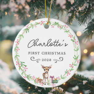 Baby's First Christmas – Rustic Wreath & Reindeer Ceramic Ornament