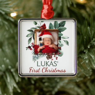 Baby's First Christmas Rustic Xmas Wreath Photo  Metal Ornament