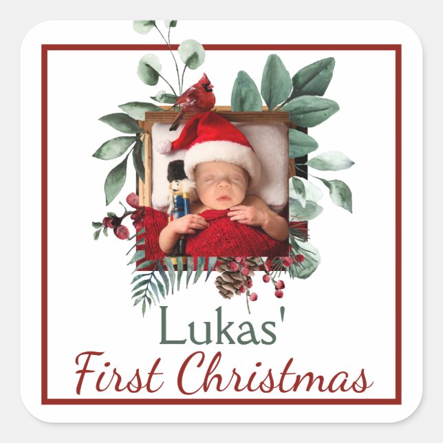 Baby's First Christmas Rustic Xmas Wreath Photo Square Sticker (Front)